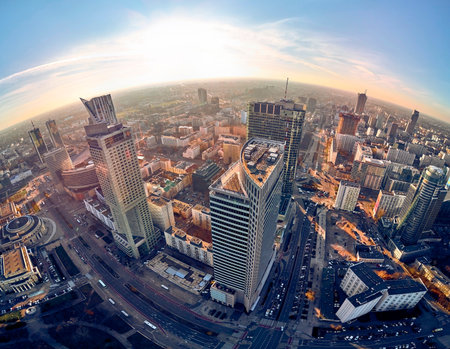 WARSAW, POLAND - NOVEMBER 20, 2018: Beautiful panoramic aerial drone view to the center of Warsaw...