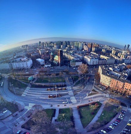 WARSAW, POLAND - NOVEMBER 27, 2018: Beautiful panoramic aerial drone view to the center of Warsaw City and Roman Catholic Parish of St. James the Apostle at Narutowicza Square, Ochota districtのeditorial素材