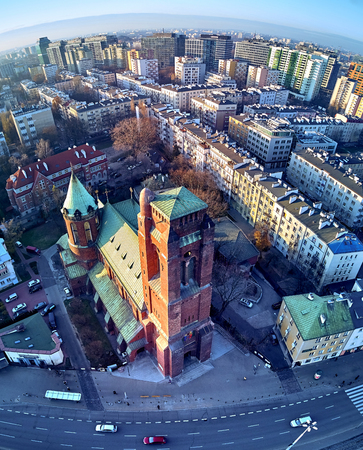WARSAW, POLAND - NOVEMBER 27, 2018: Beautiful panoramic aerial drone view to the center of Warsaw City and Roman Catholic Parish of St. James the Apostle at Narutowicza Square, Ochota districtのeditorial素材