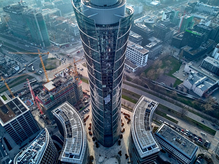 WARSAW, POLAND - NOVEMBER 27, 2018: Beautiful panoramic aerial drone view to the center of Warsaw...