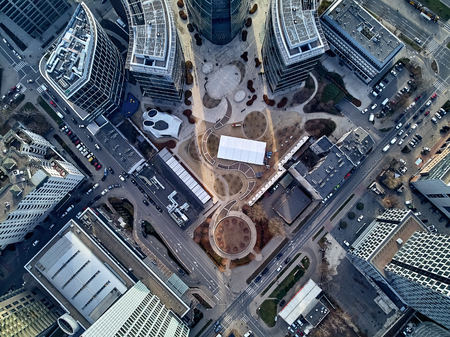 WARSAW, POLAND - NOVEMBER 27, 2018: Beautiful panoramic aerial drone view to the center of Warsaw City and The Warsaw Spire - 220 metre neomodern office building on European square (Plac Europejski)のeditorial素材