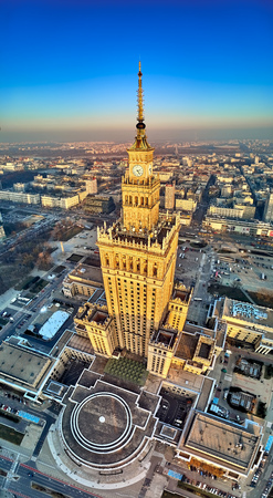 Beautiful panoramic aerial view of the city of Warsaw and the Palace of Culture and Science - a notable high-rise building in Warsaw, Polandのeditorial素材