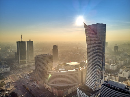WARSAW, POLAND - DECEMBER 01, 2018: Beautiful panoramic aerial view of the center of Warsaw City andのeditorial素材