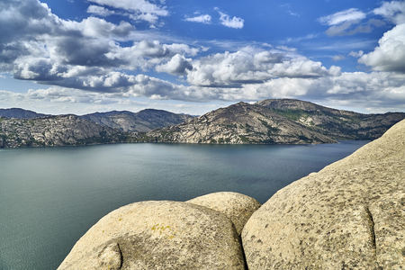 Beautiful landscape with stone rock mountains oraund of the Sibiny lakes (RU: Sibinskiye Ozora: Sadyrkol, Tortkara, Shalkar, Korzhynkol), neer the city of Oskemen (RU: Ust-Kamenogorsk) East Kazakhstanの写真素材