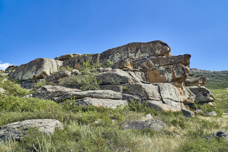 Beautiful panoramic summer steppe landscape of stone mountainsの写真素材