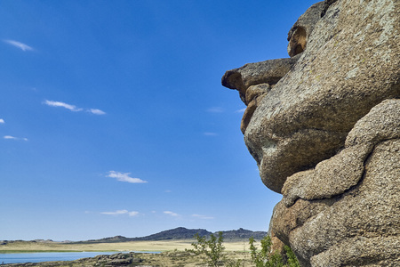 Beautiful panoramic summer steppe landscape of stone mountainsの写真素材