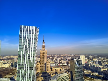 WARSAW, POLAND - FEBRUARY 23, 2019: Beautiful panoramic aerial drone view to the center of Warsaw City and "Zlota 44", residential skyscraper designed by American architect Daniel Libeskindのeditorial素材