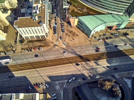 WARSAW, POLAND - FEBRUARY 23, 2019: Beautiful panoramic aerial drone view to the center of Warsaw City and "Zlota 44", residential skyscraper designed by American architect Daniel Libeskindのeditorial素材