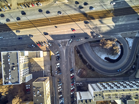 WARSAW, POLAND - FEBRUARY 23, 2019: Beautiful panoramic aerial drone view to the center of Warsaw City, to the central streets of the Polish Capital, from above downのeditorial素材