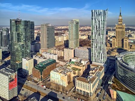 WARSAW, POLAND - FEBRUARY 23, 2019: Beautiful panoramic aerial drone view to the center of Warsaw City and "Zlota 44", residential skyscraper designed by American architect Daniel Libeskindのeditorial素材