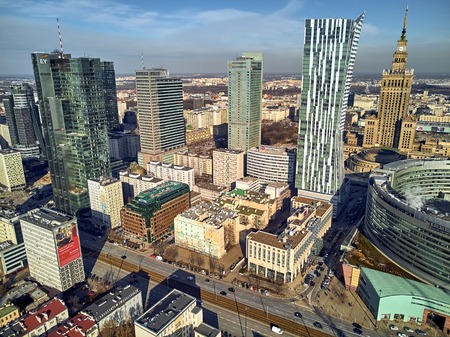 WARSAW, POLAND - FEBRUARY 23, 2019: Beautiful panoramic aerial drone view to the center of Warsaw City and "Zlota 44", residential skyscraper designed by American architect Daniel Libeskindのeditorial素材