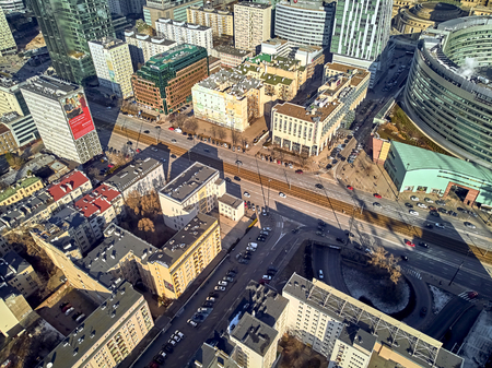 WARSAW, POLAND - FEBRUARY 23, 2019: Beautiful panoramic aerial drone view to the center of Warsaw City, to the central streets of the Polish Capital, from above downのeditorial素材