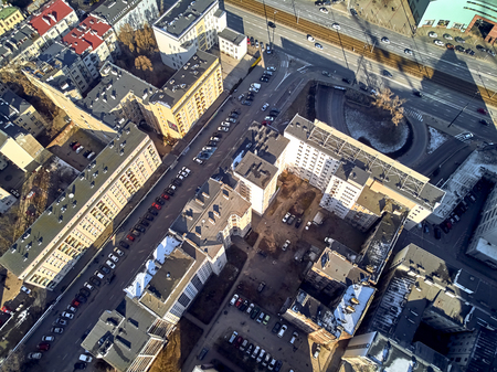 WARSAW, POLAND - FEBRUARY 23, 2019: Beautiful panoramic aerial drone view to the center of Warsaw City, to the central streets of the Polish Capital, from above downのeditorial素材
