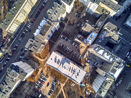 WARSAW, POLAND - FEBRUARY 23, 2019: Beautiful panoramic aerial drone view to the center of Warsaw City, to the central streets of the Polish Capital, from above downのeditorial素材
