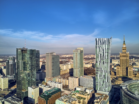 WARSAW, POLAND - FEBRUARY 23, 2019: Beautiful panoramic aerial drone view to the center of Warsaw City and "Zlota 44", residential skyscraper designed by American architect Daniel Libeskindのeditorial素材