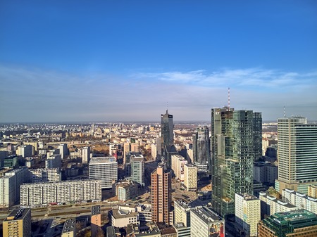 WARSAW, POLAND - FEBRUARY 23, 2019: Beautiful panoramic aerial drone view to the center of Warsaw City and "Zlota 44", residential skyscraper designed by American architect Daniel Libeskindのeditorial素材