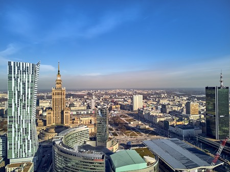 WARSAW, POLAND - FEBRUARY 23, 2019: Beautiful panoramic aerial drone view to the center of Warsaw City and "Zlota 44", residential skyscraper designed by American architect Daniel Libeskindのeditorial素材