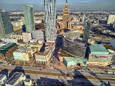 WARSAW, POLAND - FEBRUARY 23, 2019: Beautiful panoramic aerial drone view to the center of Warsaw City and "Zlota 44", residential skyscraper designed by American architect Daniel Libeskindのeditorial素材