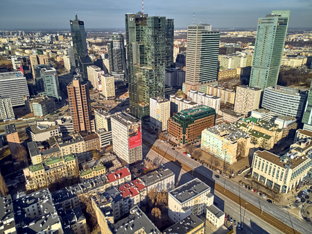 WARSAW, POLAND - FEBRUARY 23, 2019: Beautiful panoramic aerial drone view to the center of Warsaw City and "Zlota 44", residential skyscraper designed by American architect Daniel Libeskindのeditorial素材