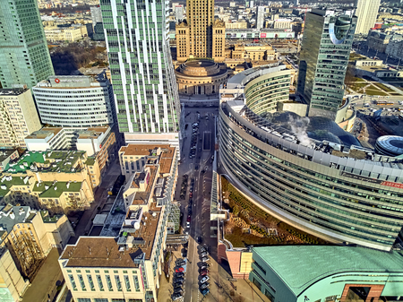 WARSAW, POLAND - FEBRUARY 23, 2019: Beautiful panoramic aerial drone view to the center of Warsaw City and "Zlota 44", residential skyscraper designed by American architect Daniel Libeskindのeditorial素材