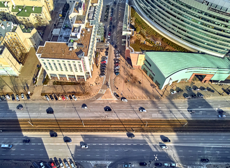 WARSAW, POLAND - FEBRUARY 23, 2019: Beautiful panoramic aerial drone view to the center of Warsaw City and "Zlota 44", residential skyscraper designed by American architect Daniel Libeskindのeditorial素材