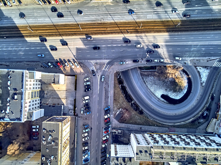 WARSAW, POLAND - FEBRUARY 23, 2019: Beautiful panoramic aerial drone view to the center of Warsaw City, to the central streets of the Polish Capital, from above downのeditorial素材