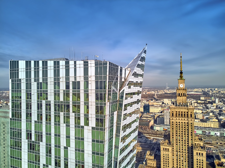 WARSAW, POLAND - FEBRUARY 23, 2019: Beautiful panoramic aerial drone view to the center of Warsaw City and "Zlota 44", residential skyscraper designed by American architect Daniel Libeskindのeditorial素材