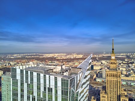 WARSAW, POLAND - FEBRUARY 23, 2019: Beautiful panoramic aerial drone view to the center of Warsaw City and "Zlota 44", residential skyscraper designed by American architect Daniel Libeskindのeditorial素材