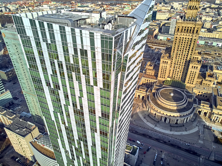 WARSAW, POLAND - FEBRUARY 23, 2019: Beautiful panoramic aerial drone view to the center of Warsaw City and "Zlota 44", residential skyscraper designed by American architect Daniel Libeskindのeditorial素材