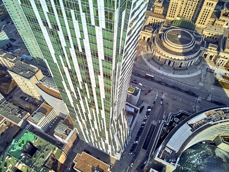 WARSAW, POLAND - FEBRUARY 23, 2019: Beautiful panoramic aerial drone view to the center of Warsaw City and "Zlota 44", residential skyscraper designed by American architect Daniel Libeskindのeditorial素材