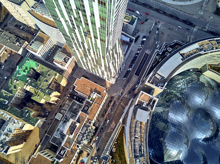 WARSAW, POLAND - FEBRUARY 23, 2019: Beautiful panoramic aerial drone view to the center of Warsaw City and "Zlota 44", residential skyscraper designed by American architect Daniel Libeskindのeditorial素材