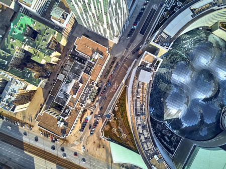 WARSAW, POLAND - FEBRUARY 23, 2019: Beautiful panoramic aerial drone view to the center of Warsaw City and "Zlota 44", residential skyscraper designed by American architect Daniel Libeskindのeditorial素材
