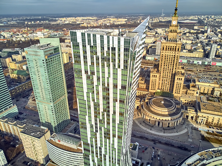 WARSAW, POLAND - FEBRUARY 23, 2019: Beautiful panoramic aerial drone view to the center of Warsaw City and "Zlota 44", residential skyscraper designed by American architect Daniel Libeskindのeditorial素材