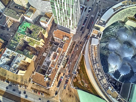 WARSAW, POLAND - FEBRUARY 23, 2019: Beautiful panoramic aerial drone view to the center of Warsaw City and "Zlota 44", residential skyscraper designed by American architect Daniel Libeskindのeditorial素材