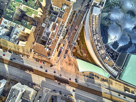 WARSAW, POLAND - FEBRUARY 23, 2019: Beautiful panoramic aerial drone view to the center of Warsaw City and "Zlota 44", residential skyscraper designed by American architect Daniel Libeskindのeditorial素材