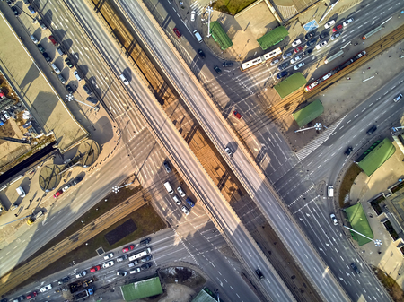 WARSAW, POLAND - FEBRUARY 23, 2019: Beautiful panoramic aerial drone view to the center of Warsaw City, to the central streets of the Polish Capital, from above down to Aleje Jerozolimskie avenueのeditorial素材