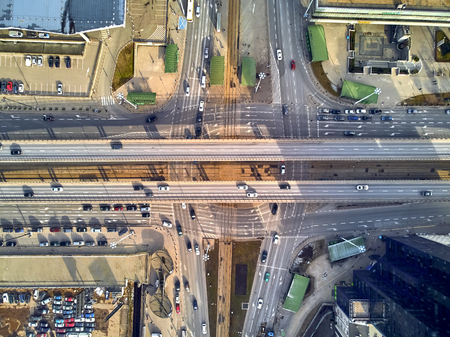 WARSAW, POLAND - FEBRUARY 23, 2019: Beautiful panoramic aerial drone view to the center of Warsaw City, to the central streets of the Polish Capital, from above down to Aleje Jerozolimskie avenueのeditorial素材