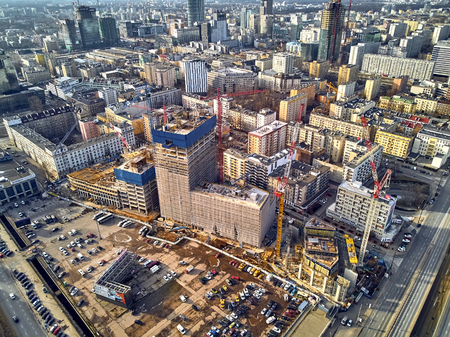 WARSAW, POLAND - FEBRUARY 23, 2019: Beautiful panoramic aerial drone view to the center of Warsaw City and Varso - neomodern office building under construction, designed by Foster and Partnersのeditorial素材