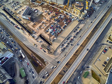 WARSAW, POLAND - FEBRUARY 23, 2019: Beautiful panoramic aerial drone view to the center of Warsaw City and Varso - neomodern office building under construction, designed by Foster and Partnersのeditorial素材