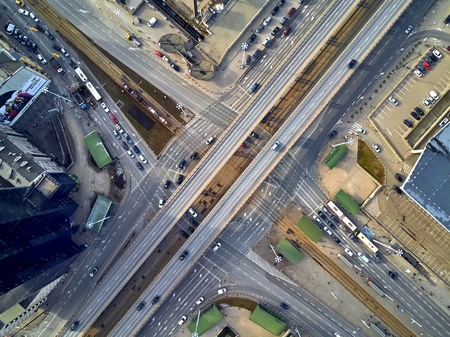 WARSAW, POLAND - FEBRUARY 23, 2019: Beautiful panoramic aerial drone view to the center of Warsaw City, to the central streets of the Polish Capital, from above down to Aleje Jerozolimskie avenueのeditorial素材