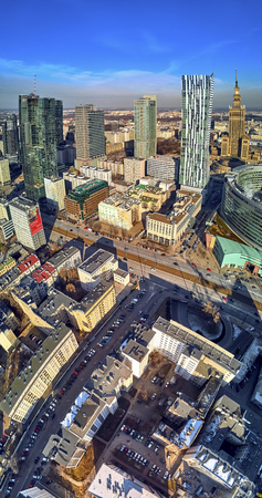 WARSAW, POLAND - FEBRUARY 23, 2019: Beautiful panoramic aerial drone view to the center of Warsaw City and "Zlota 44", residential skyscraper designed by American architect Daniel Libeskindのeditorial素材