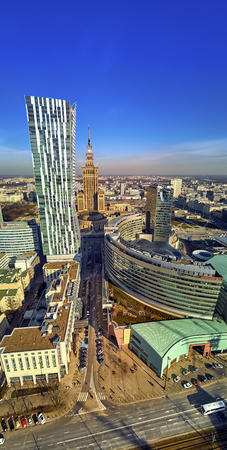 WARSAW, POLAND - FEBRUARY 23, 2019: Beautiful panoramic aerial drone view to the center of Warsaw City and "Zlota 44", residential skyscraper designed by American architect Daniel Libeskindのeditorial素材
