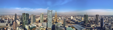WARSAW, POLAND - FEBRUARY 23, 2019: Beautiful panoramic aerial drone view to the center of Warsaw City and "Zlota 44", residential skyscraper designed by American architect Daniel Libeskindのeditorial素材