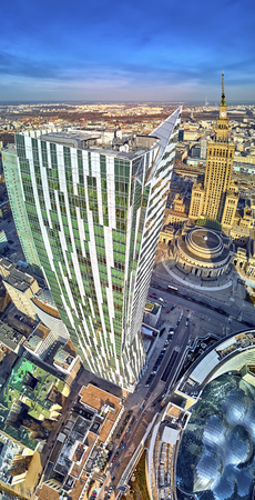 WARSAW, POLAND - FEBRUARY 23, 2019: Beautiful panoramic aerial drone view to the center of Warsaw City and "Zlota 44", residential skyscraper designed by American architect Daniel Libeskindのeditorial素材