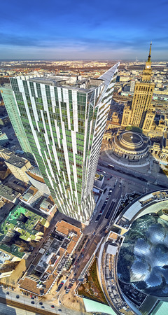 WARSAW, POLAND - FEBRUARY 23, 2019: Beautiful panoramic aerial drone view to the center of Warsaw City and "Zlota 44", residential skyscraper designed by American architect Daniel Libeskindのeditorial素材