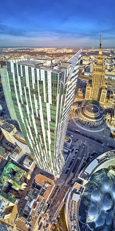 WARSAW, POLAND - FEBRUARY 23, 2019: Beautiful panoramic aerial drone view to the center of Warsaw City and "Zlota 44", residential skyscraper designed by American architect Daniel Libeskindのeditorial素材