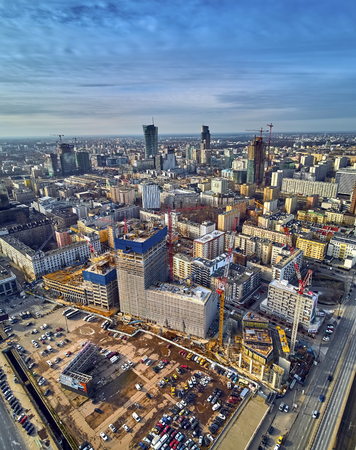 WARSAW, POLAND - FEBRUARY 23, 2019: Beautiful panoramic aerial drone view to the center of Warsaw City and Varso - neomodern office building under construction, designed by Foster and Partnersのeditorial素材