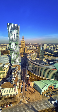WARSAW, POLAND - FEBRUARY 23, 2019: Beautiful panoramic aerial drone view to the center of Warsaw City and "Zlota 44", residential skyscraper designed by American architect Daniel Libeskindのeditorial素材