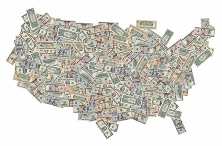 United States of America map formed with american dollars bills isolated on white backgroundの写真素材