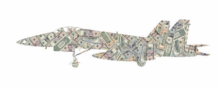 Silhouette of a military plane fighter formed with american dollars bills isolated on white backgroundの写真素材